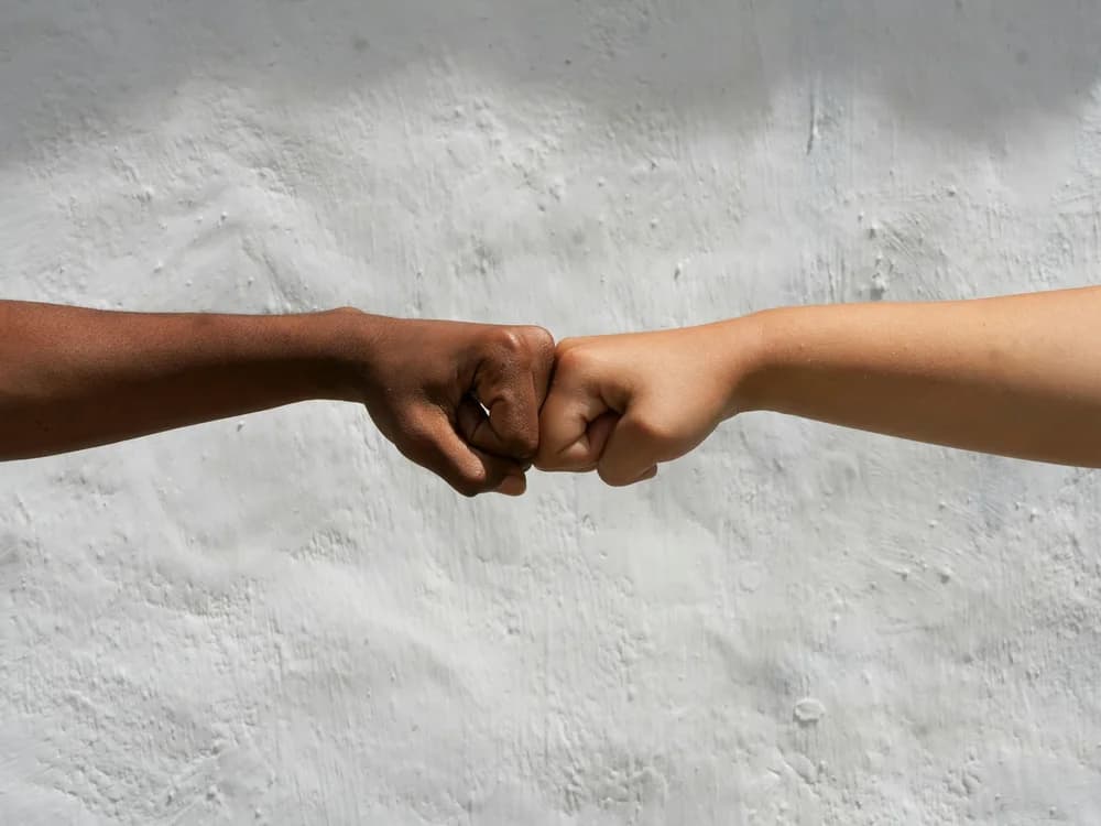 Deux poings se touchent devant un mur blanc crépi, en signe de complicité entre collègues, cadrés sur les avant-bras.