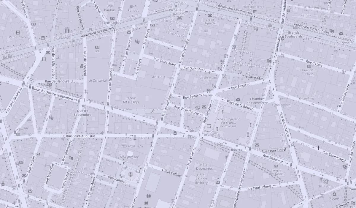 Plan du quartier de la Bourse, Paris 2e : le siège est au 10 rue de la Bourse, entre la rue de Richelieu et la rue Vivienne