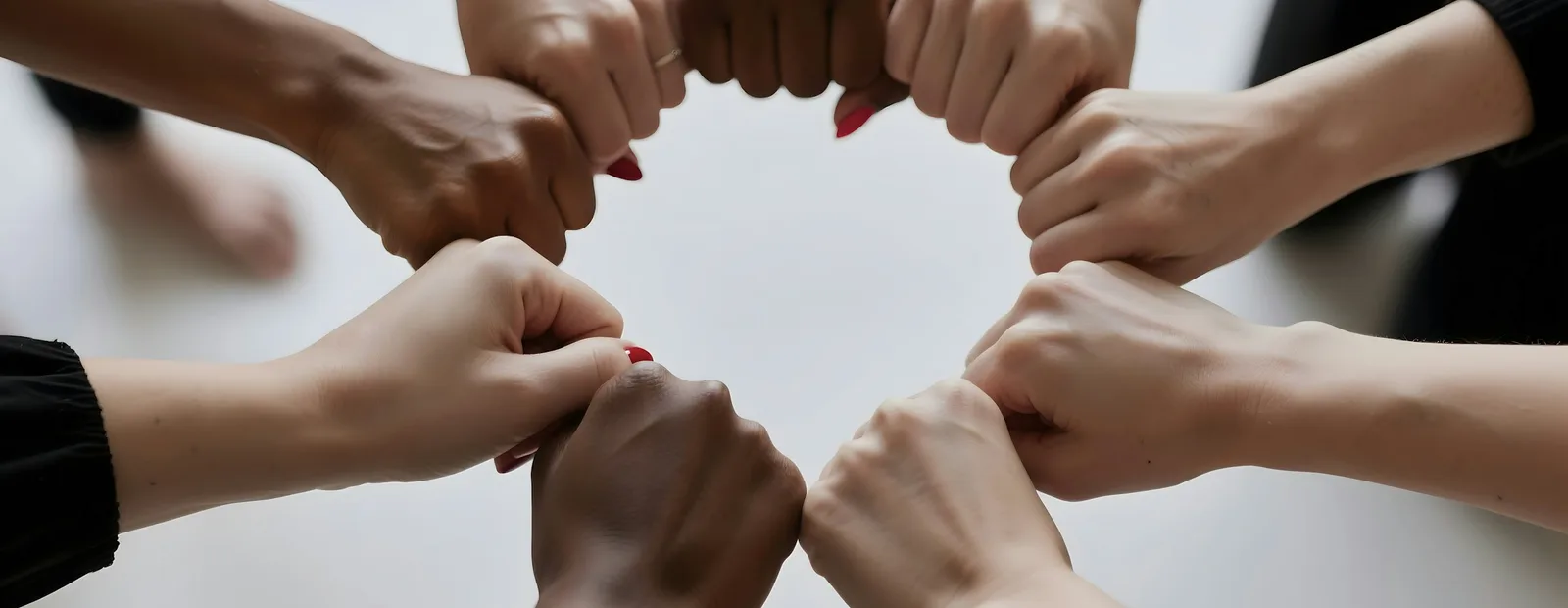 Huit collègues joignent leurs poings en cercle au-dessus d’un sol clair, vus d’en haut, cadrés sur les mains et les avant-bras.