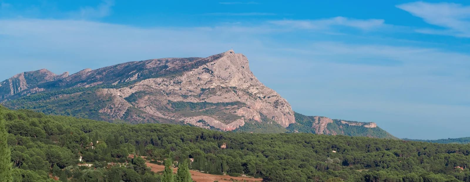 Le profil ouest de la montagne Sainte-Victoire sous un ciel bleu, dominant une vaste pinède et quelques mas isolés.