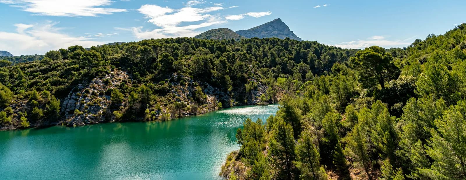 Le lac du barrage de Bimont à Saint-Marc-Jaumegarde, bordé de pinèdes, avec le sommet de la Sainte-Victoire à l’horizon.